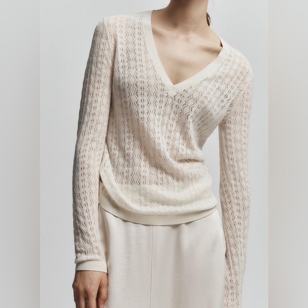 Saintart Wren Pointelle Knit V Neck Sweater in Ivory NEW